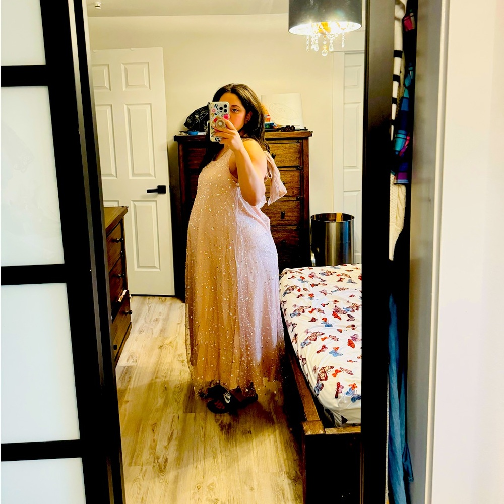 Blush pink sequin dress.